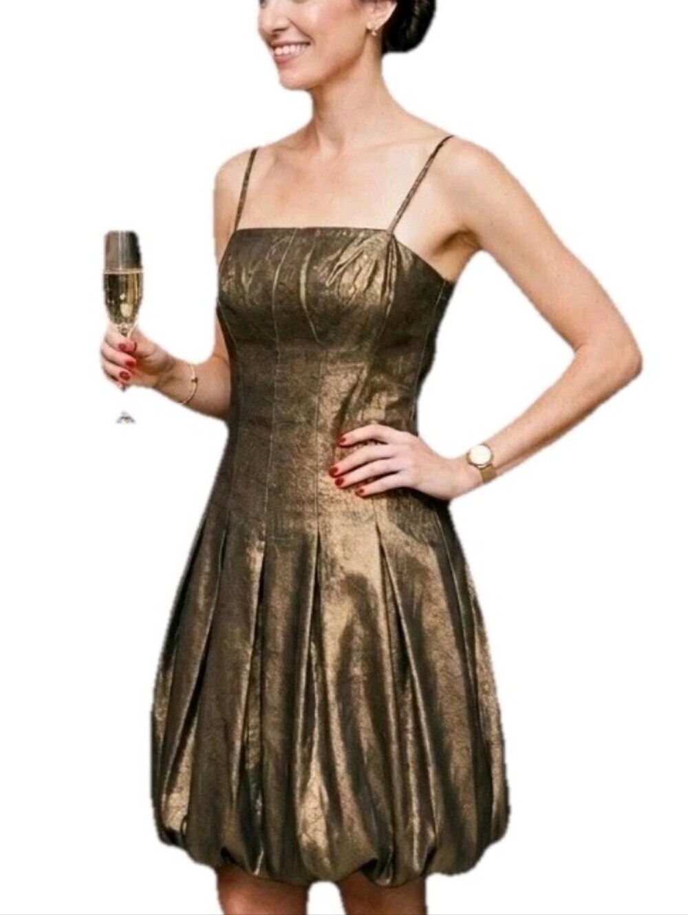 BCBGMaxAzria Womens Metallic Gold Bubble Hem Linen Cocktail Mini Dress Size 0